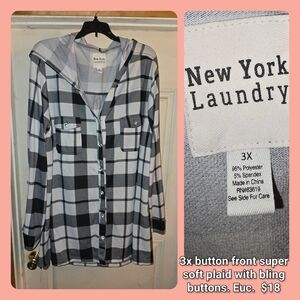 New York Laundry Black and White Plaid Hooded Shirt